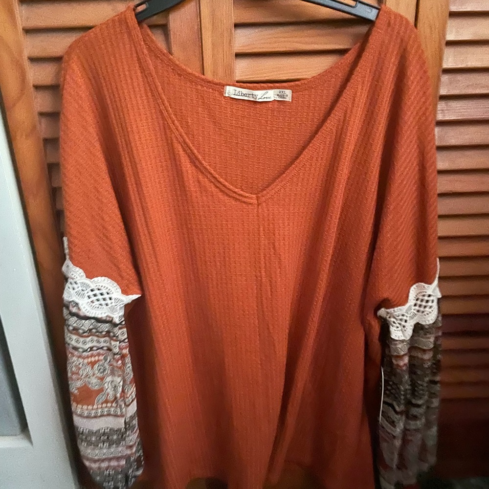 Fall top with sheer sleeves
